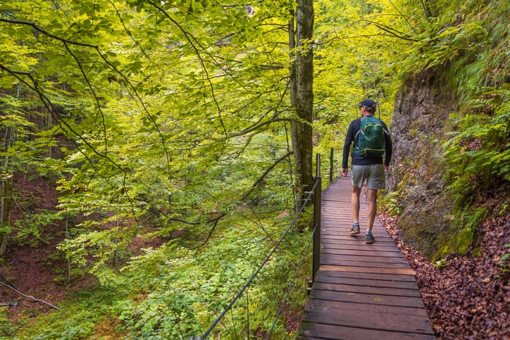 Senior man walking through a wooden path in a forest by daytime